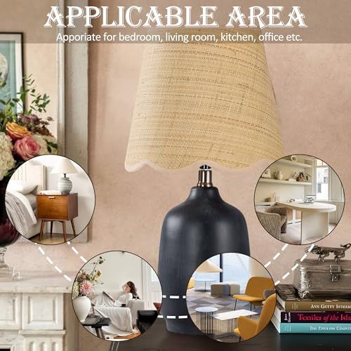 Pia Ricco 19" Modern Ceramic Table Lamp for Living Room Cream Base Desk Lamps for Bedroom Farmhouse Bedside Nightstand Lamp End Table Lamps,Black,Rattan Shade - color: Black Base