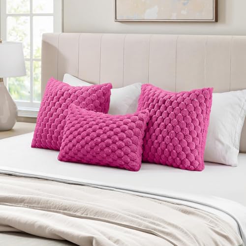 MIULEE Hot Pink Faux Fur Lumbar Decorative Throw Pillow Covers 12x20 Inch Set of 2 Super Soft Cozy Plush Cushion Cases Luxury Fluffy Pillowcases for Sofa Couch Bed Living Room - color: Hot Pink, size: 20" x 12" (Pack of 2)