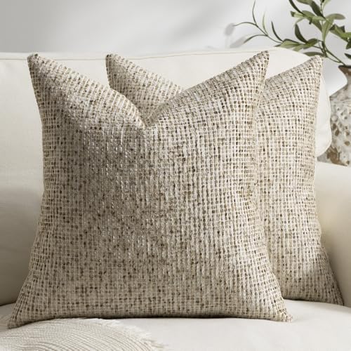 Pack of 2 Neutral Throw Pillow Covers 18x18 Boho Textured Dots Stripe Chenille Square Decorative Pillow Cases Accents for Living Room Couch Bed Farmhouse Home Decor, Taupe - color: Taupe, size: 18" x 18" (Pack of 2)