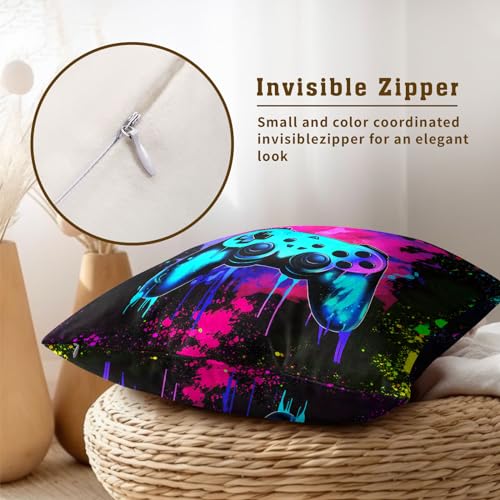 Blue Game Joystick Pillow Covers 16x16 Inch Set of 2, Colorful Abstract Graffiti Paint Splatters Throw Pillow Covers Square Black Cotton Cushion Cover for Home Couch Sofa Patio Bedroom Livingroom - color: Game Joystick240103, size: 16" x 16" (Pack of 2)