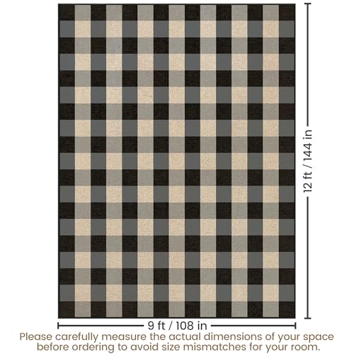 Washable Checkered Easy Jute Rug 9x12, Black Plaid Checkerboard Geometric Modern Outdoor Indoor Patio Large Rug, Woven Thin Carpet Mat for Living Dining Play Room Bedroom Classroom Kid Nursery - color: Checkerboard -2 Black Grey, size: 9' x 12'