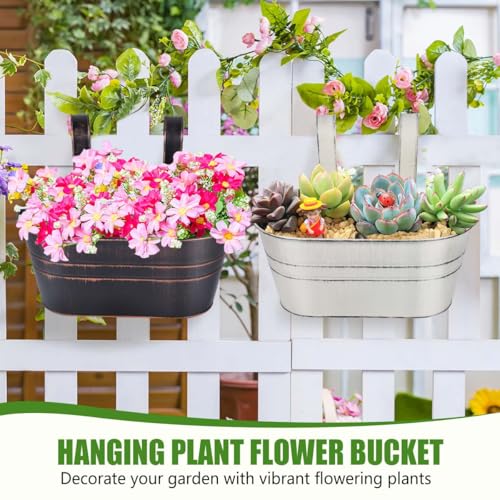 OBTANIM 4 Pack Metal Hanging Flower Pots Iron Railing Planter Outdoor Fence Hanging Pots Bucket Plant Holder with Detachable Hooks Drain Holes for Home Garden Yard Decor (Mixed Color) - color: Mixed Color