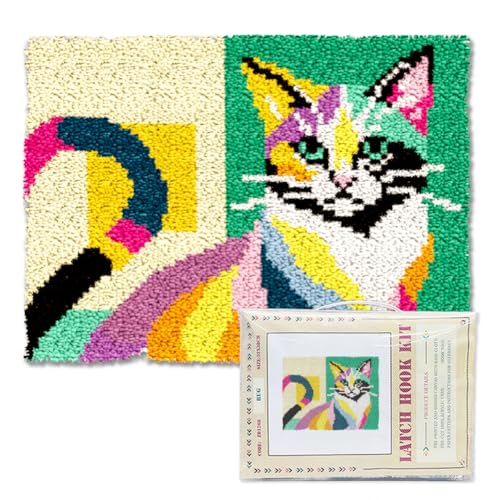 ORIGACH Colorful Abstract Cat Latch Hook Rug Kit for Adults Printed Rug Making Kit Handmade Carpet Tapestry Cover with Hook Latch and Preprinted Canvas, Home Arts Crafts Sofa Decor, 20.5x15inch - style: Colorful Cat