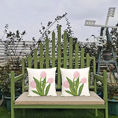 Pack of 2 Embroidered Decorative Throw Pillow Cover 18x18 Inch Farmhouse Floral Pillowcase for Living Room Sofa Bed (Pink Tulip) - color: Pink Tulip