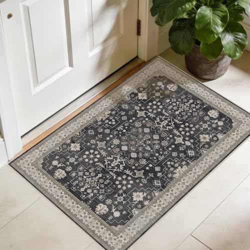 2x3 Washable Entry Rug, Non Slip Stain Resistant Lightweight Low Pile Indoor Door Mat, Vintage Area Rug for Bedroom Bathroom Kitchen Playroom Home Decor (Charcoal Blush Ivory) - color: Charcoal Blush Ivory, size: 2' x 3' (Rectangular)