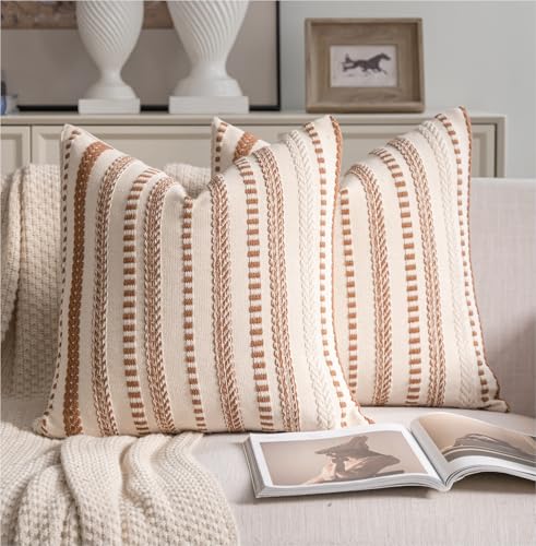 Cethom Brown Boho Throw Pillow Covers 20x20 Inch Set of 2, Stripe Textured Decorative Couch Pillow Cases for Bed, Sofa, Living Room, Bedroom, Farmhouse Home Accent Cushion Covers - color: Brown, size: 20" x 20" (Pack of 2)