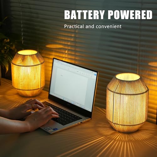 JHY DESIGN Set of 2 Woven Lampshade Table Lamps 8.5" H Cotton Rope Bedside ‌Light‌s Cordless Decorative Battery Operated Lamps with 6 Hours Timer for Bedroom Living Room Weddings Parties Patio - color: 6.5"D Off-white