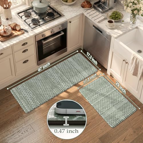 KIMODE Kitchen Mats for Floor Anti Fatigue Green Boho Kitchen Rugs Sets of 2 Cushioned Kitchen Floor Mats Comfort Standing Mat Geometric Laundry Room Rug for Bathroom Sink Office Desk 17"x47"+17"x29" - color: Green Diamond, size: 17.3" x 47 "+ 17.3" x 29