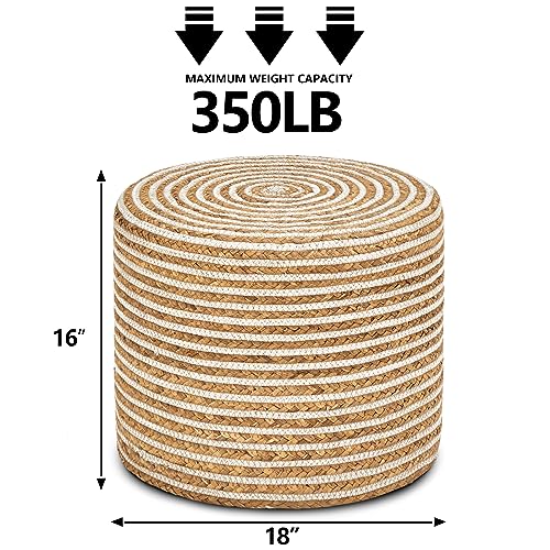 Wimarsbon 18'' Ottoman Pouf, Natural Braided Poof, Rustic Handweave Lounge Pouffe, Boho Footrest Stool for Bedroom, Accent Table or Seat for Living Room (Natural Water Hyacinth + White Cotton Rope) - color: 18inch Natural Water Hyacinth + White Cotton Rop
