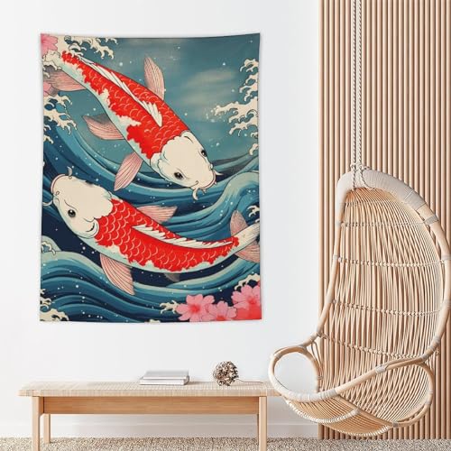 QEOPGNE Large Tapestry Wall Hanging Decor Koi Fish Japanese Great Waves Cherry Blossom Retro Wall Flags Tapestry for Bedroom Living Room Wall Art Decor Tapestries 60""x80"", style - color: Style, size: 80L" x 60W"