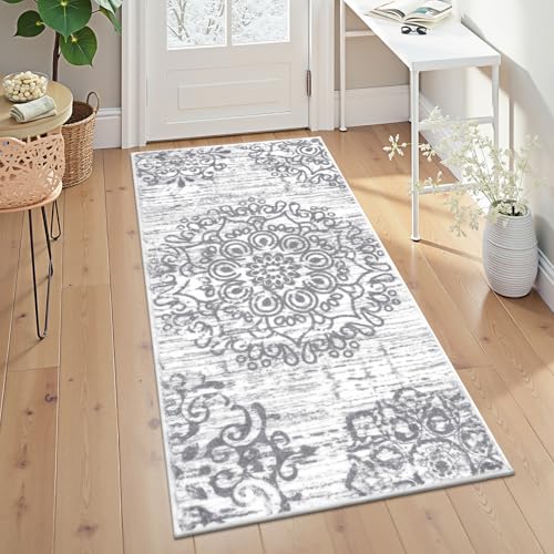 HEBE Hallway Runner Rug 2'x4' Washable Vintage Distressed Area Rugs Non Slip Laundry Rug Runner Boho Floor Carpet Runners for Hallways Entryway Laundry Room Kitchen Bathroom - color: Grey, size: 2' x 4' (Rectangular)