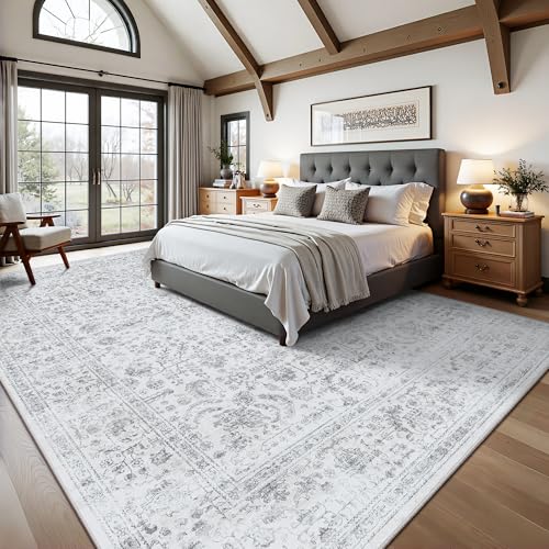 9x12 Area Rugs for Living Room, Washable Vintage Retro Floral Rug, Low Pile Non Slip Distressed Large Carpet for Bedroom, Dining Room, Office, Home (Grey) - color: A-grey, size: 9' x 12' (Rectangular)