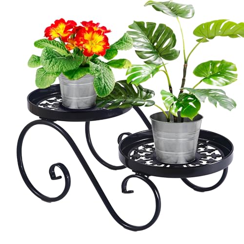 2 Tier Black Plant Stand, Metal Flower Stand Indoor Outdoor, Anti-Rust Iron Plant Shelf, Round Flower Pot Stands for Multiple Plants, Display Rack Potted Plant Holders for Garden Home Decor