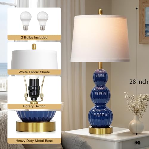 28" Navy Blue Table Lamps Set of 2 for Living Room, Modern Ceramic Bedside Lamps for Bedroom, Ribbed Gourd Table Lamps for Nightstand (2 LED Bulbs Included) - color: Navy Blue - 28"H