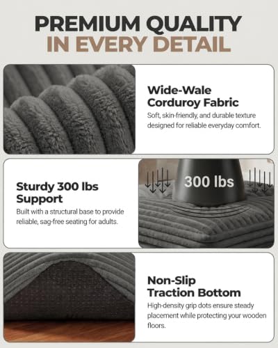 23.6in Pouf Ottoman, Corduroy Ottoman Foot Rest with Dual‑Layer Support, Large Poofy Pouf with Soft Chunk‑Foam Top & Firm Foam Base, Floor Foot Stool for Living Room, Dark Grey - color: Dark Grey