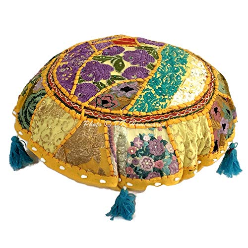 Round Ethnic Bohemian Floor Cushions for Kids Mango Yellow 18 Inch Patchwork Lounger Ottoman Stool Home Decor Embroidered Vintage Cotton Indian Floor Pillow Bed 18x18