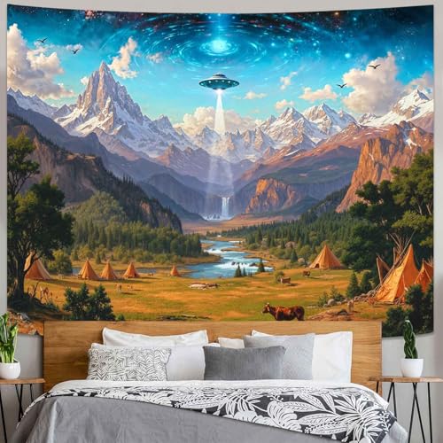 Wegklazax UFO Alien Tapestry, Cosmic Fantasy Mountain Wall Art for Room Decor, Sci-Fi Nature Home Decor 60" L x 44" W - color: Blue Green, size: 60"L x 44"W