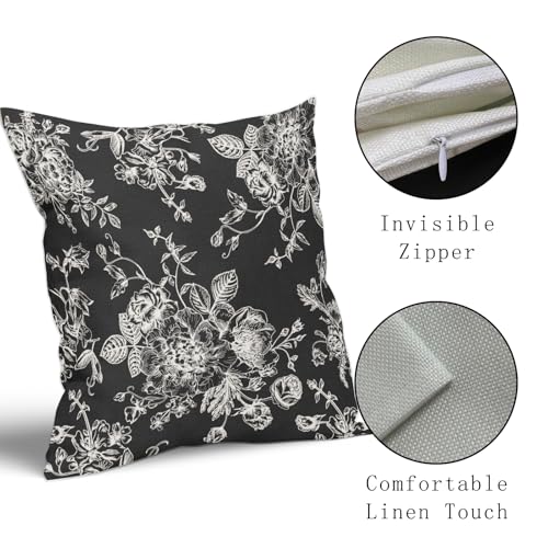Kawani Vintage Floral Pillow Covers 18x18 Inch Set of 2 Black Floral Outdoor Decorative Throw Pillows Chinoiserie Flower Pillowcases Rustic Farmhouse Cushion Covers for Couch Home Decor - color: Black Floral, size: 18" x 18" (Pack of 2)
