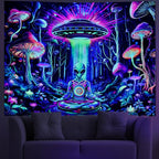 Amonercvita Blacklight Alien UFO Tapestry Neon Mushroom Floral Tapestries UV Reactive Yoga Meditation Tapestry Fantasy Forest Tapestries Wall Hanging Backdrop for Home Decor - size: 70.8"L x 92.5"W