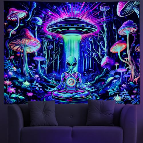 Amonercvita Blacklight Alien UFO Tapestry Neon Mushroom Floral Tapestries UV Reactive Yoga Meditation Tapestry Fantasy Forest Tapestries Wall Hanging Backdrop for Home Decor - size: 59.1"L x 78.7"W