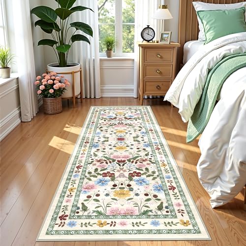Deerly Floral Runner Rug 2x6 for Hallway Vintage Boho Washable Bathroom Kitchen Bedroom Runner Rugs Non-Slip Soft Low Pile Thin Indoor Carpet for Laundry Room Farmhouse, Beige/Green/Multi - color: Beige/Green/Multi, size: 2' x 6' (Runner)