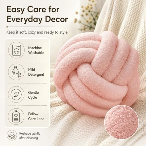 Petrella Pink Knot Pillow Ball, Handmade Soft Lambswool Round Throw Pillow for Bedroom, Chair and Cute Room Decor, Small Decorative Pillows, Knotted Accent Cushion, 8 Inch - color: Pink, size: 8inch