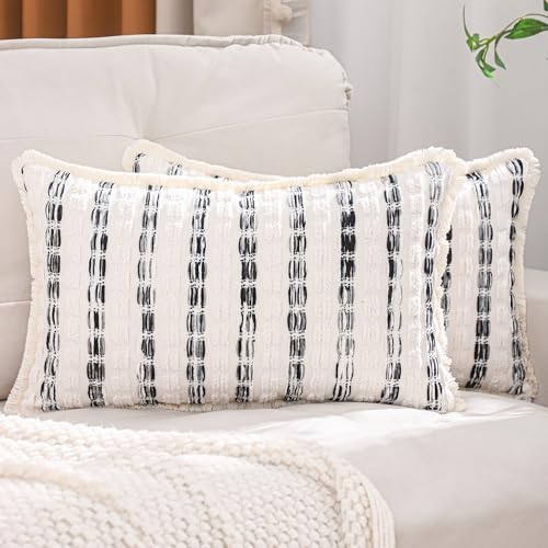 LUOYEHK Chenille Striped Throw Pillow Covers 12x20 Inch Set of 2 Boho Decorative Pillowcases with Fringe Farmhouse Neutral Cushion Covers for Couch Sofa Bed Living Room, Black - color: Black, size: 20" x 12" (Pack of 2)