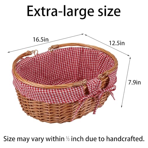 Large Wicker Picnic Basket with Handles,Handle Sturdy Woven Body with Removable and Washable Lining,Outdoor Camping,Gift Packing,Garden Picking, Storage.red - color: Red