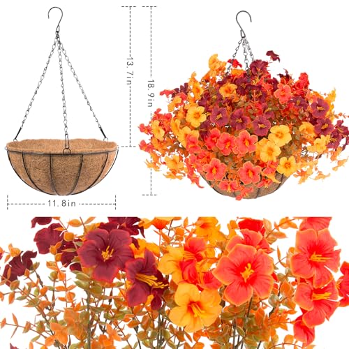 Daynight 2Set Artificial Outdoor Fall Flowers with Hanging Baskets,24Pcs Faux Petunias Flowers with Hanging Planter for Indoor Porch Yard Garden Autumn Decor (2, Orange) - color: Orange