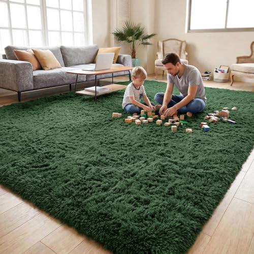 DweIke Fluffy Dark Green Rugs for Bedroom Living Room, 3x5 Feet Soft Plush Shaggy Forest Hunter Green Girls Boys Kids Rug, Non-Slip and Machine Washable Carpet for Dorm Nursery Classroom Decor - color: Dark Green, size: 3 Ft X 5 Ft