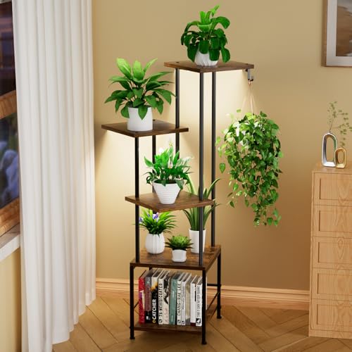 Homsorout Plant Stand Indoor with Grow Light - 5-Tier Metal Plant Shelf with Hanging Basket Hook, Corner Tall Flower Holder for Multiple Plants, Living Room Balcony Garden Patio, Rustic - color: Rustic, size: 5-Tier