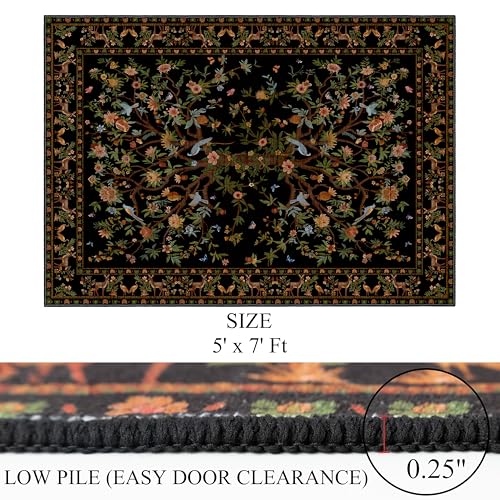 Black Area Rugs 5x7, Machine Washable Non-Slip Rug, Boho Floral Botanical Soft Low Pile Throw Rugs for Living Room, Bedroom, Dining Room, Office - color: Black, size: 7' x 5' (Rectangular)