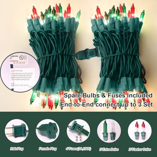 LAMPHOME Super-Bright Extendable Warm White Green red Christmas Lights Decoration 150Lights 31.9ft UL Certified Mini Bulb String Lights for Outdoor Christmas Tree Garden Patio Wedding Decor - color: Red Green Clear 150 Count Green wire