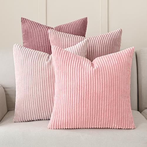 Volcanics Set of 4 Pink Corduroy Decorative Couch Throw Pillow Covers 20x20 Inch, Valentine's Day Farmhouse Striped Cushion Cases, Soft Boho Square Accent Pillow Covers for Home Sofa - color: Pink, size: 20" x 20" (Pack of 4)