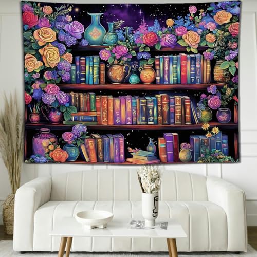keowhsf Pink Purple Flower Bookshelf Wall Tapestry Colorful Tapestries for Bedroom Aesthetic Floral Tapestry Wall Hanging Cute Girl Bedroom Decor - color: Bookshelf, size: 60"L x 44"W
