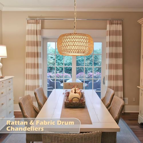 18" Rattan Farmhouse Chandeliers for Dining Room,3-Light Hand-Woven Rattan Chandelier,Fabric Shade Boho Chandelier Pendant Light fixture Drum Chandelier Hanging Lights for Bedroom Kitchen Island - color: 18"-Natural-Chain