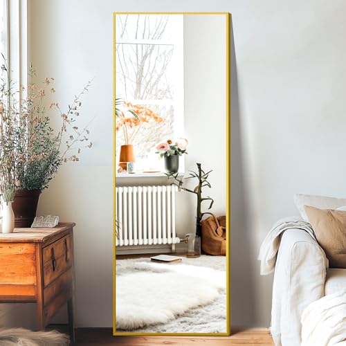 TRAHOME Standing Mirror Full Length Mirror,15" x 56" Large Floor Mirror with Aluminium Frame for Door Bedroom Bathroom Living Room(Gold) - color: Gold, size: 56"L x 15"W