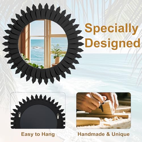 Boho Wood Sunburst Round Wall Mirror, 24 Inch Rustic Circle Wooden Frame Decorative Mirror for Farmhouse Coastal Home, Home Wall Decor for Living Room Entryway Bedroom, Light Wood - color: Black, size: 24"L x 24"W