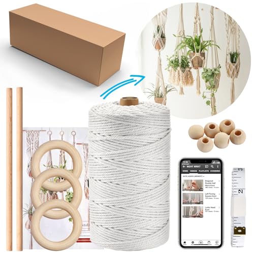 Hdviai Macrame Plant Hanger Kit, 3mm x 220Yards Cord for Adult Beginners DIY Macrame Wall Hanging Kit, with 2Pcs Wooden Dowels + Beginner's Manual + Soft Ruler+ Five Wooden Beads - size: 3MM x 220Yards Kit