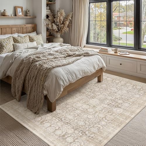 8x10 Beige Washable Neutral Area Rug Living Room Floral Non Slip Low Pile Large Rug Vintage Traditional Stain Resistant Distressed Carpet Bedroom Dining Room Office Playroom - color: Accent | Beige, size: 8'x10'