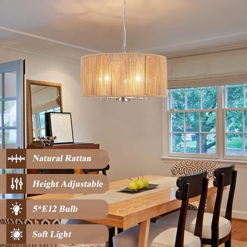 Rattan Chandelier for Dining Room, 5-Light Large Farmhouse Chandeliers Hand Woven Boho Pendant Light Fixture, 19'' Brushed Nickel Wicker Chandelier for Foyer Hallway Bedroom Kitchen Living Room - color: 5-Light Nickel