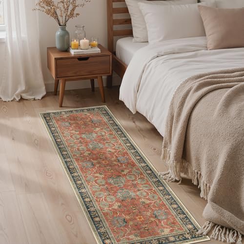 Bavni 2x5 Washable Runner Rug Non Slip, Vintage Distressed Accent Hallway Runner, Low Pile Coral Red Blue Carpet Stain Resistant, Kitchen Runner Floral Rugs for Entryway, Bedroom, Laundry, Nursery - color: Coral Blue, size: 2' x 5' (Rectangular)