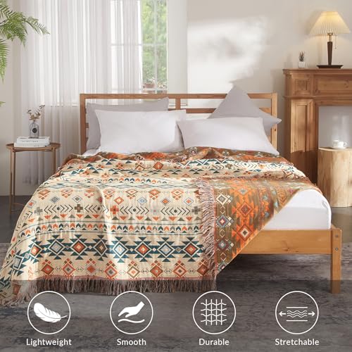 Bailix Boho Throw Blanket for Couch Sofa Bed, 100% Cotton Woven Quilt with Tassel 50”x60”, Super Soft Muslin Blanket with Patchwork Printed, Decorative Reversible Bed Blanket/Cover for All Seasons - color: H - Diamond, size: Throw-50" X 60"