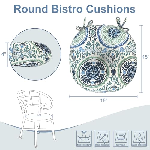 LVTXIII Outdoor Bistro Chair Cushions, 15"x15"x4" Round Patio Chair Cushions, All Weather Tufted Seat Cushions for Patio Furniture Use, Set of 2, Coastal Medallion - color: Coastal Medallion