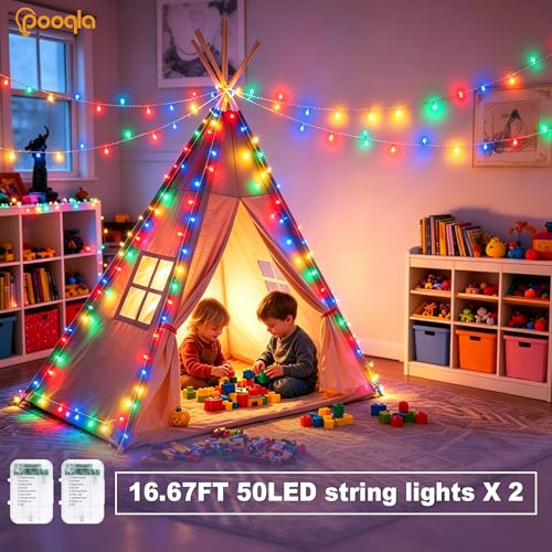 Pooqla 2 Pack String Lights Battery Operated, Total 33.3ft 100 LED Fairy Lights Indoor Outdoor Decorations, 8 Modes Colorful Battery Christmas Lights for Bedroom Classroom Porch Party Yard Decor - color: Colorful, size: 50 LED x2