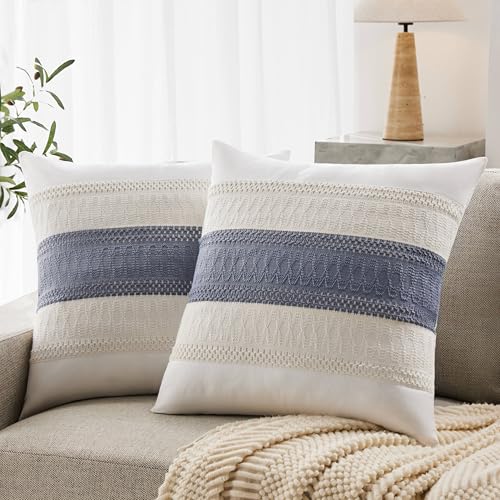 Soft Cotton Boho Throw Pillow Covers Set of 2, Natural White/Contrast Blue 24x24 Inch, Blue Farmhouse Decorative Cushion Covers for Sofa Bed Living Room Home Decor - color: Natural White/Contrast/Blue, size: 24" x 24" (Pack of 2)
