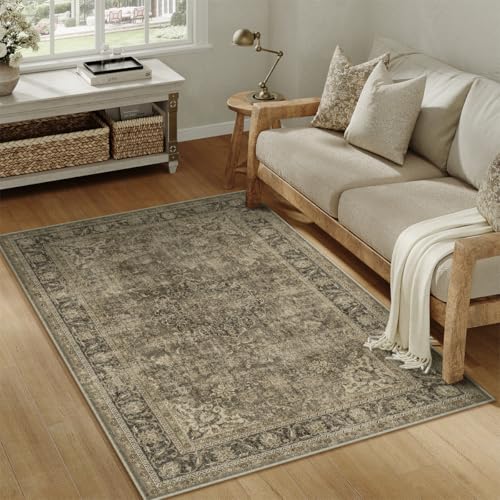 3x5 Washable Area Rug Brown Vintage Non Slip Soft Low Pile Rug for Entryway Kitchen Bathroom Distressed Oriental Throw Carpet for Living Room Bedroom Home Decor - color: Brown/Black, size: 3' x 5' (Rectangular)