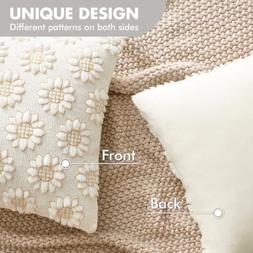EMEMA Cream Floral Tufted Throw Pillow Covers, Set of 2 Soft Textured Decorative 18x18 Cushion Cases Bringing a Light, Cozy Layer to Sofa, Couch, Bedroom or Modern Farmhouse Living Room Décor - color: White-little Flower, size: 18" x 18" (Pack of 2)