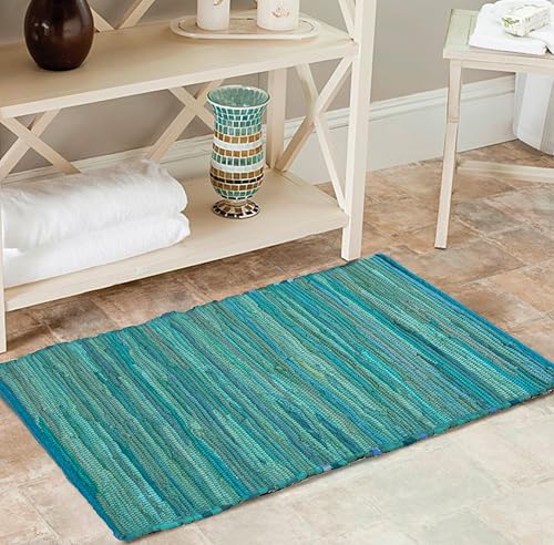 Cotton Hand Woven Chindi Rug 2x3 Feet - Teal, Reversible Accent Front Door Mat Ideal for Kitchen, Entryway, Laundry Room | Green Durable Farmhouse Indoor Outdoor Floor Rag Rugs Ideal for Kids Space - color: Teal, size: 2 x 3 feet