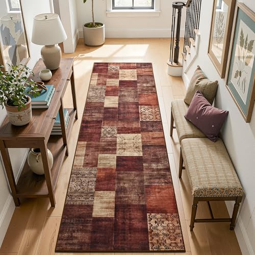 Tepook Modern Runner Rug for Living Room, 2x6 Washable Rugs for Bedroom Hallway, Geometric Patchwork Runner Rug Non-Slip Indoor Throw Carpet for Entryway Kitchen Office Home Decor, Red - color: Red, size: 2 X 6 Feet